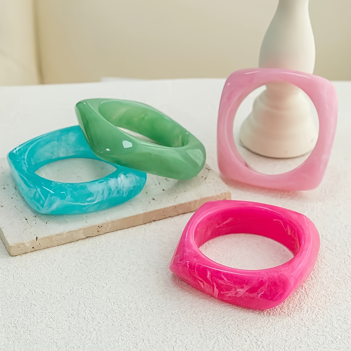 4pc Women's Irregular Square Smudged Marble Resin Bangle Set